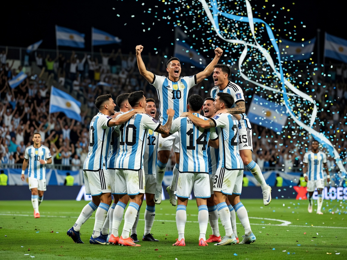 Argentina team celebrating group stage win