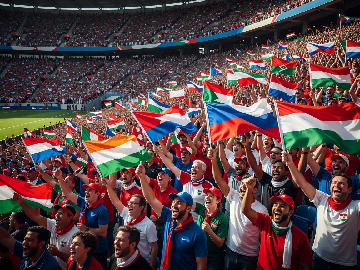 Host nation fans waving flags in stadium